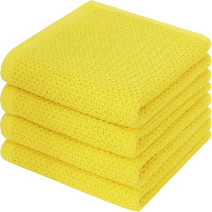 Kitinjoy 100% Cotton Waffle 4-Pack Kitchen Towels, 13" x 28", Yellow | Super Soft, Ultra-Absorbent, Fast Drying, lightweight, Quick Drying Kitchen Hand Towels