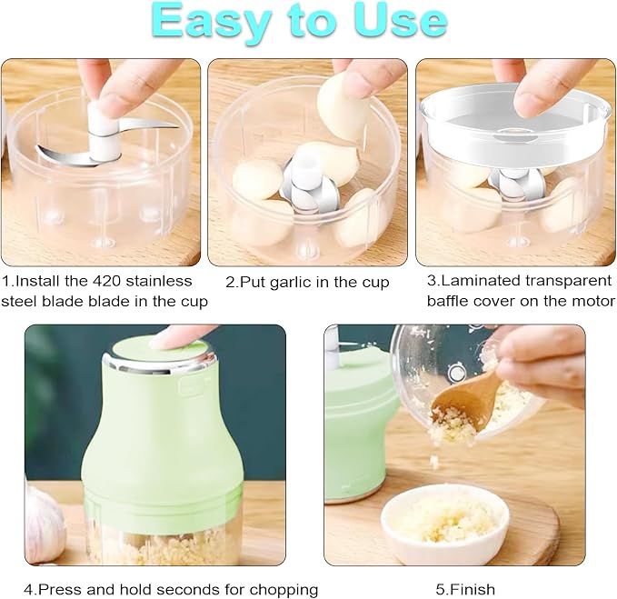 Vegetable Chopper, 100ML Electric Garlic Chopper, Rechargeable Mini Blender, Powerful Small Food Processor, Blender to Vegetable, Wireless Food Cutter for Ginger, Chili, Fruit, Meat, etc（Green）