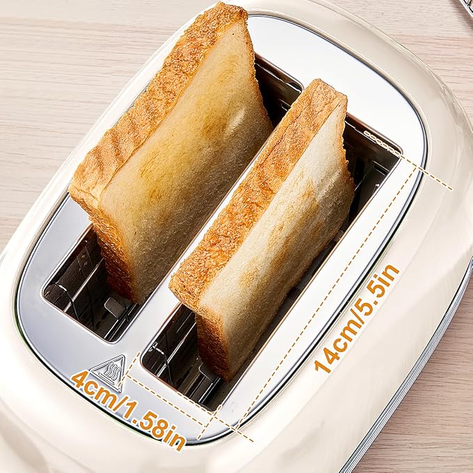 Wiltal Beige Cute Retro Toaster 2 Slice with 1.58" Wide Slots, Bread toaster with Cover and Warm Rack, Stainless Steel Toasters with Removable Crumb Tray, Preheat, Defrost, Cancel Function (Cream)