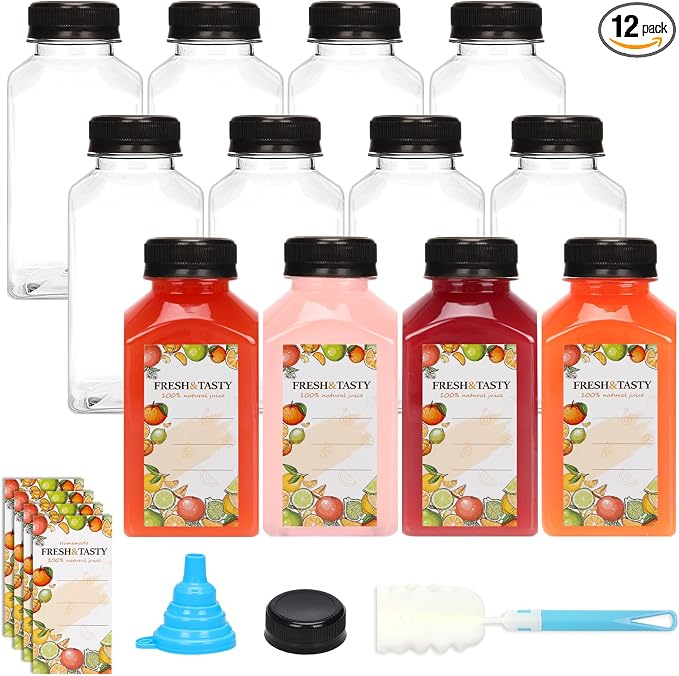 12pcs 10oz Plastic Juice Bottles with Caps, Sticker Labels, Brush | Empty Reusable Clear Bottles with Label, Funnel and Brush Beverage Containers Bulk with Lids for Juicing, Smoothies, Fridge