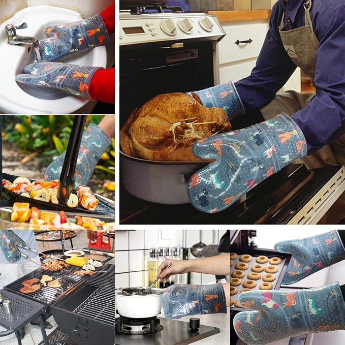 Oven Mitts with Transparent Clear Silicone Shell and Nice Dog Printing | Cotton Lining Set of 2 Kitchen Mittenes Heat Resistant to 500 F Oven Gloves Pot Holder for Cooking (Grey)