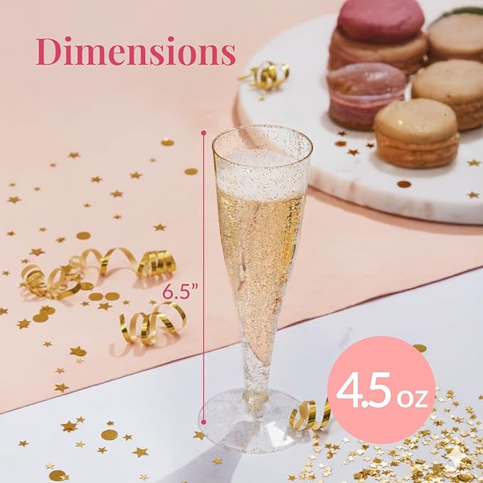 Prestee 200 Disposable Champagne Flutes Gold Glitter Glasses - 4.5 Oz Plastic Champagne Cups for Parties, Wedding Toasts, Mimosa Bar, and New Year’s Eve - Elegant Bulk Gold Plastic Wine Flutes | Disposable