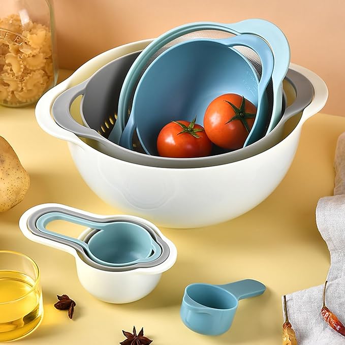 Mixing Bowls, Nesting Baking Bowls with Colander & Fine Mesh (Pebble-8PCS) | BPA-Free, Lightweight, Impact-Resistant, Rinse, Drain, Measure, Repeat, Colorful — Without the Risk.