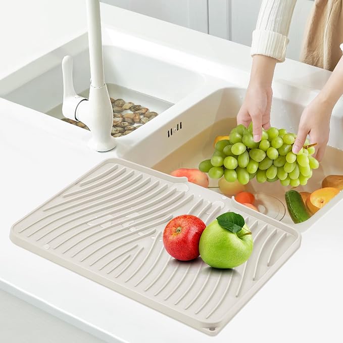 TIKNIK Silicone Dish Drying Mat for Kitchen Counter, Cream-1pcs, 20" x 15" | Heat Resistant & Non-Slip Dish Drain Pad with Built-In Drain, Dishwasher Safe, Quick-Dry, Hangable & Roll-Up for Storage