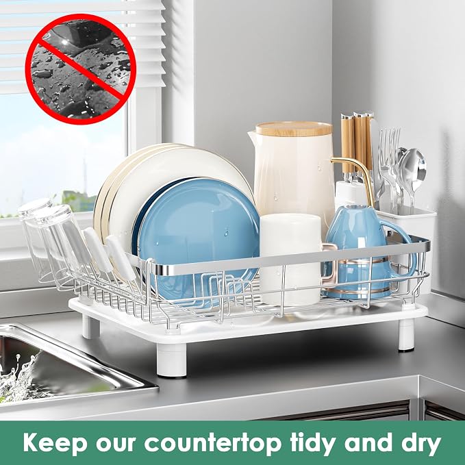 MOUKABAL Stainless Steel Dish Drying Rack for Kitchen Counter, White Silver | 13×17 Large Capacity/Drainboard with Rotating Spout/Removable Cup & Utensil Holders/Fast Drainage/Countertop Dish Drainer