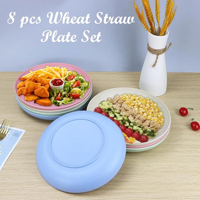Unbreakable Deep Dinner Plates Wheat Straw Plates Sets Microwave and Dishwasher Safe Plastic Plates for Kitchen, Camping, Picnic, 8 PCS Lightweight Plate for Dessert (Fresh Light, 10 inch)