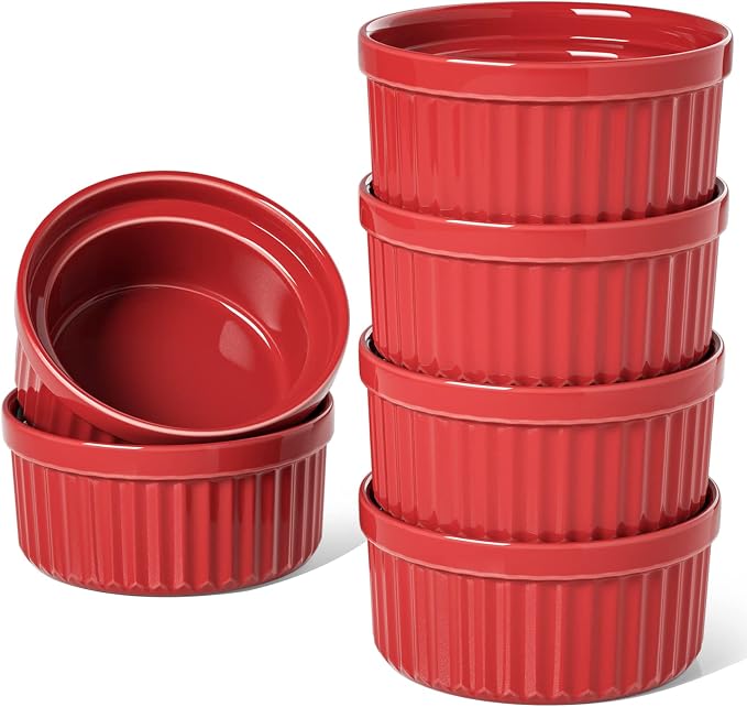 LE TAUCI 8 Oz Ramekins, Creme Brulee Dishes, Porcelain Ramekin Set for Souffle, Dipping Sauces, Pudding, Set of 6, True Red