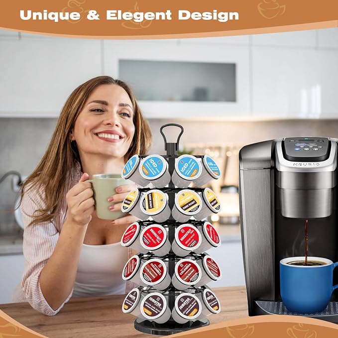 K Cup Holder 40 Pods Capacity, Coffee Pods Holder Storage Organizer Stand | K Cup Carousel, 360°Rotating K Cup Organizer, Easy-Grip Top Handle,Space-Saving for Countertop, K Cups Holder Easy Assembly