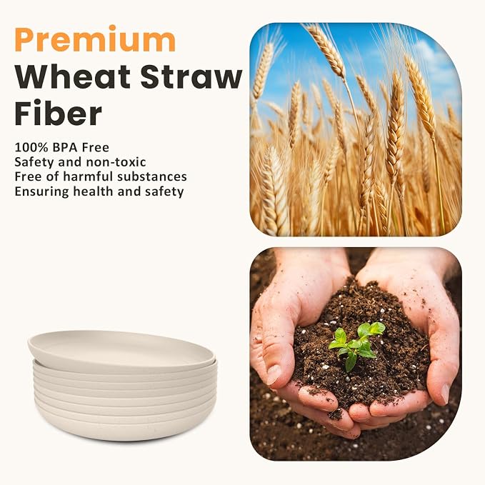 Wheat Straw Plates 8 PCS Unbreakable Dinner Plates - 10 inch Dishwasher & Microwave Safe Plastic Plates Reusable Lightweight Roud Plates, Plates for Kitchen, Dinner, Outdoor,Picnic (Beige)