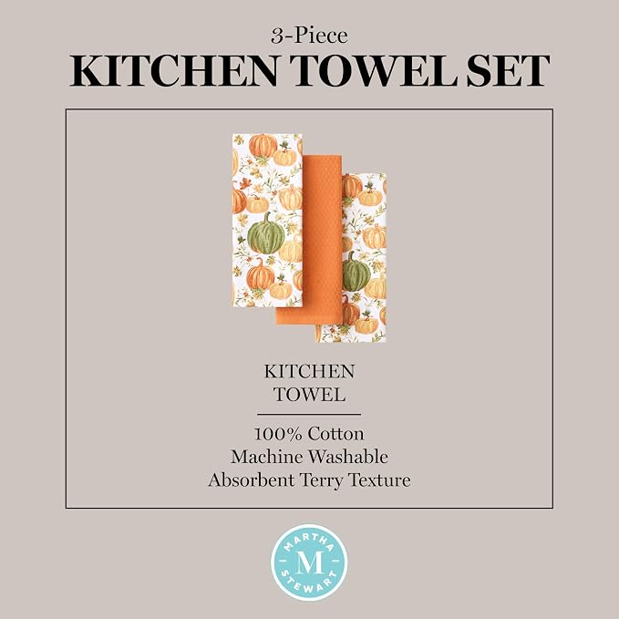 Martha Stewart Autumn Harvest Pumpkins Kitchen Towel 3-Pack Set, 100% Cotton with Absorbent Terrycloth, Decorative Kitchen Towels, Orange/Green/Ivory, 16"x28"