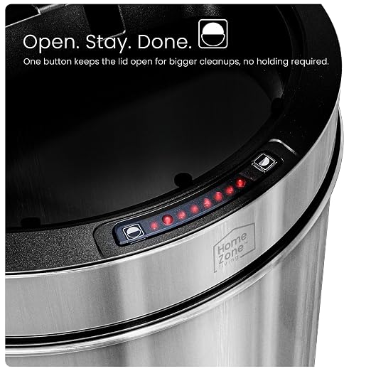 Home Zone Living 13 Gallon Motion Sensor Trash Can with Automatic Lid | Stainless Steel with Touch Control Lid, Hands-Free Operation for Kitchens, Flat Back Semi-Round Shape, Silver