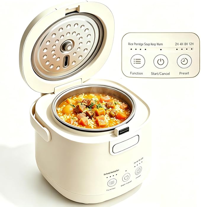 Small Rice Cooker 2 Cups Uncooked, Compact Mini Rice Cooker | for Dorm Travel Office 1-2 Person, 12 Hours Timer Delay & Keep Warm, Beige
