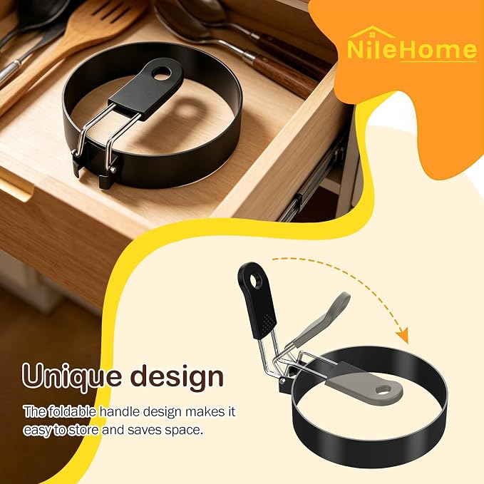 NileHome 3.5" Nonstick Egg Rings Set of 4,Black | BPA-free,Dishwasher safe,Foldable Handle,Perfect Food Shaping,Ideal for Making Hamburgers, Fried Eggs, English Muffins