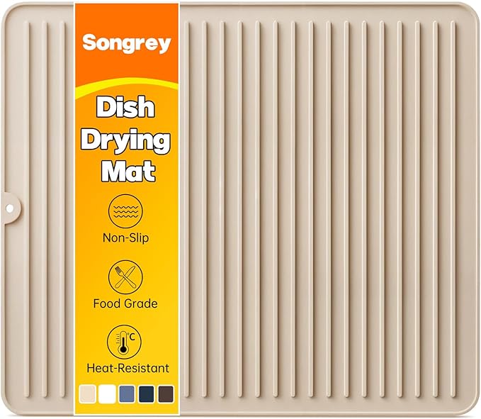 Songrey Silicone Dish Drying Mat for Kitchen Counter, 18" x 16", Beige | Drying Pad for Sink Dishes or Under Rack, Multi-Use as Heat Resistant Trivet, Coffee Bar Mat
