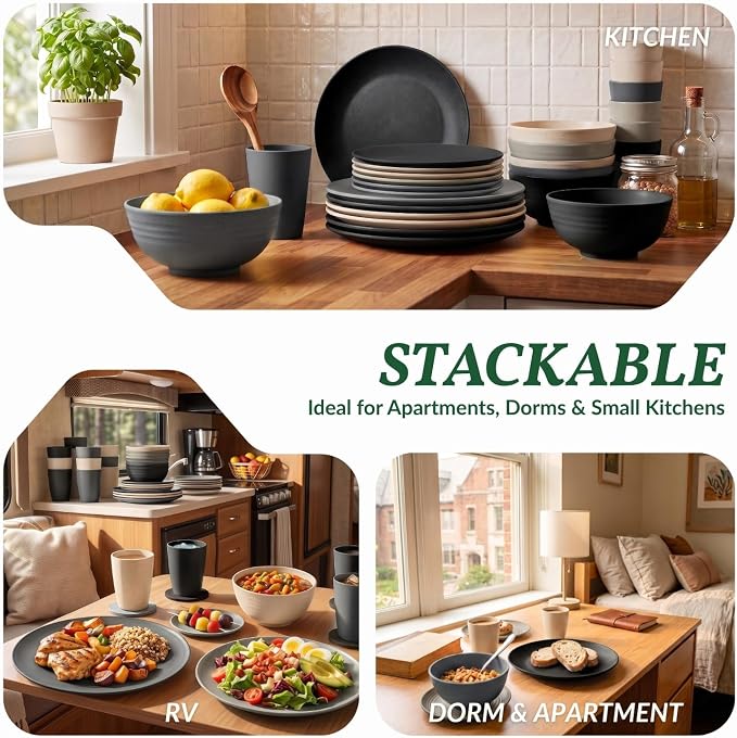 40 PCS Wheat Straw Dinnerware Sets Dishes Set for 8 Unbreakable Plates and Bowls Sets for Kitchen Dishwasher and Microwave Safe Plate Set Camping, Apartment, Kids-Grey Stone