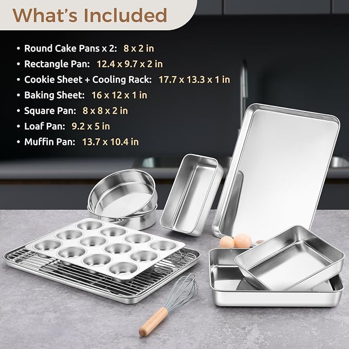 E-far 9-Piece Baking Pan Set, Stainless Steel Bakeware Sets for Sheet Cake Cookie Loaf Muffin, Include Baking Sheet, Round Square Rectangle Baking Pan & Cooling Rack, Dishwasher Safe