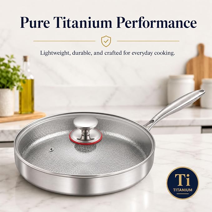 Titanium Hammered Pan Pro with Lid, Multifunctional Ultra-Durable Scratch-Resistant Non Stick, Even Heating for Cooking, Titaniums Nutri Pans Compatible with All Cooktops,9.44in