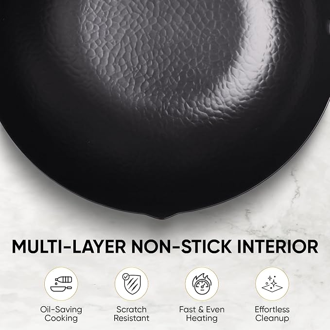 12.6 Inch Carbon Steel Wok Pan with Glass Cover, Pre-Seasoned Nonstick Flat Bottom Wok for Chinese Cooking, Woks & Stir-Fry Pans Cookware, Compatible with Induction, Electric, Gas & Halogen