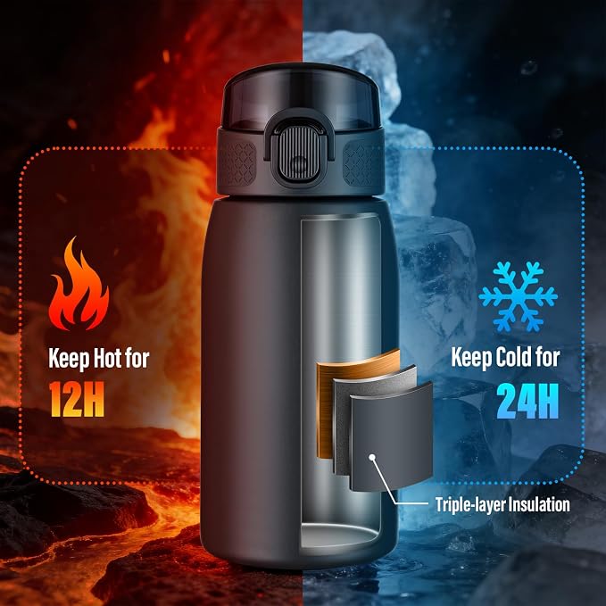 Insulated Water Bottle 12 oz with Dustproof Lid, Carry Handle & Tea Infuser, BPA-Free & Leakproof, Stainless Steel Water Bottles Ideal for Fitness, Hiking, Office & Outdoor Use （Cold Gray ）