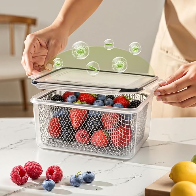 3 PCS Large Fruit storage Containers for Fridge Food Storage Containers | with Removable Colander Leakproof Dishwasher & Microwave safe Produce Containers Keep Fruits Vegetables Berry Fresh longer