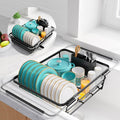 Sakugi Extendable Dish Drying Rack Over Sink with Dish Drainer, Sink Organization and Storage Essentials with Silverware & Utensil Holder, Home and Apartment Decor, 12" W x 16.1~23" L, Black