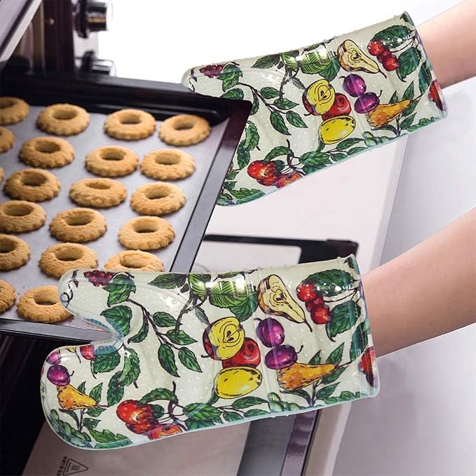Oven Mitts with Transparent Clear Silicone Shell and Nice Friut Flower Printing
