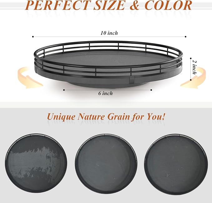 AMH10-Inch Natural Slate Lazy Susan with Black Raised Iron Rim | Smooth rotating oak tray with walnut finish for dining tables, kitchen counters, pantries and cabinet storage.