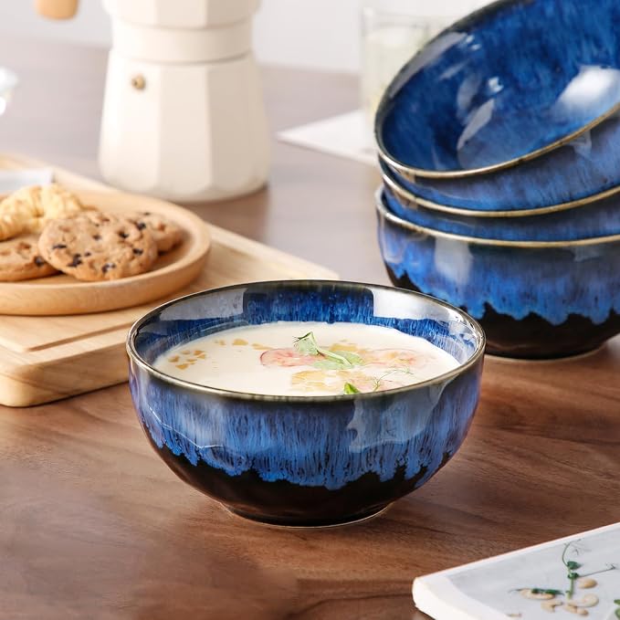 vancasso Starry 24oz Bowls for Soup, Ceramic Blue bowls Set of 4 | Deep Bowls for Cereal, Salad and Oatmeal, Dishwasher & Microwave Oven Safe