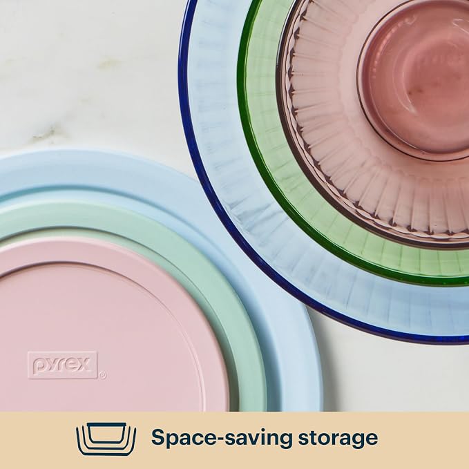 Pyrex Colors (3-Pack, Full Set) Sculpted Tinted Glass Mixing Bowls With Plastic Lids, Nesting Space Saving Set of Bowls For Prepping and Baking, 1.3QT, 2.3QT & 4.5Q, (Pink, Green, Blue)