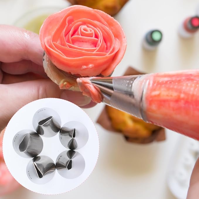 Piping Tips Set, 5PCS Piping Nozzles Cake Decorating Supplies Flower Petal Icing Tips Stainless Steel Cakes Decor Pastry Tools for Cake Decorating Cupcake