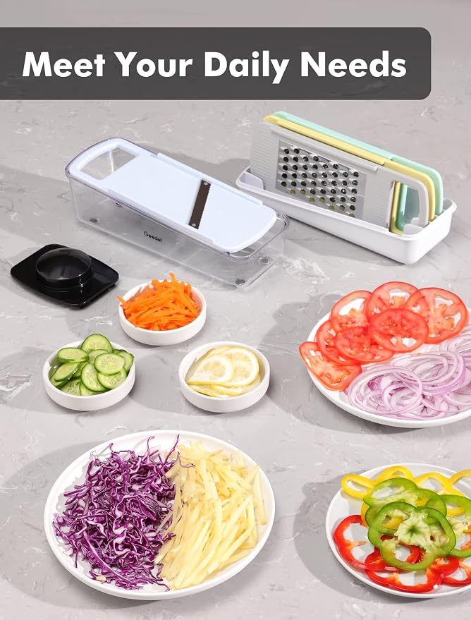 Geedel Professional Mandoline Slicer for Kitchen, Multi Purpose Vegetable Slicer Cutter, Vegetable Cutter Onion Cutter for Veggie Fruit Cheese | Slice, Shred & Julienne, Sharp Stainless Steel Blades, Dishwasher Safe, No BPA, Safety Hand Guard, For Vegg...