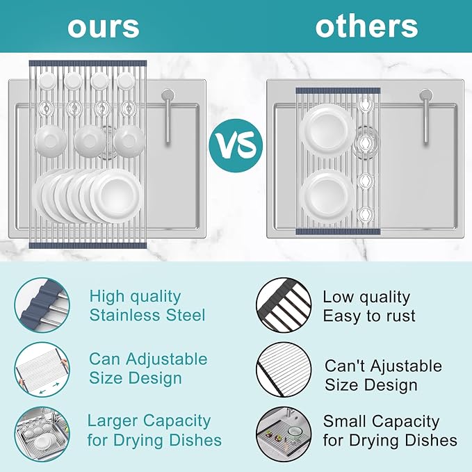 BBXTYLY Extra Large Expandable Roll Up Dish Drying Rack,Over The Sink Drying Rack Sink Cover Kitchen Sink Accessories Kitchen Rolling up Stainless Steel Drainer, Foldable,Rollable（Gray，22.8''-12.4''）