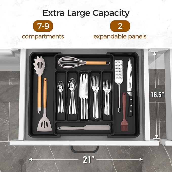 ukeetap Extra Large Expandable Silverware Organizer, Flatware Tray, Black | BPA-Free Food-Safe Kitchen Utensil Cutlery Drawer Organizer, Adjustable Silverware Holder for Spoons Forks Knives
