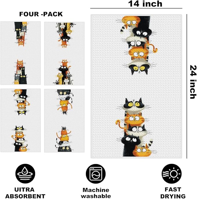 4 Pcs Cute Cat Kitchen Towels, Funny Cats Gifts Absorbent Hand Towels-05 | Cat Dish Cloths for Drying Dishes, Cats Waffle Dish Towels for Kitchen Home Bathroom Decor, Cat Lover Gifts for Women Mom