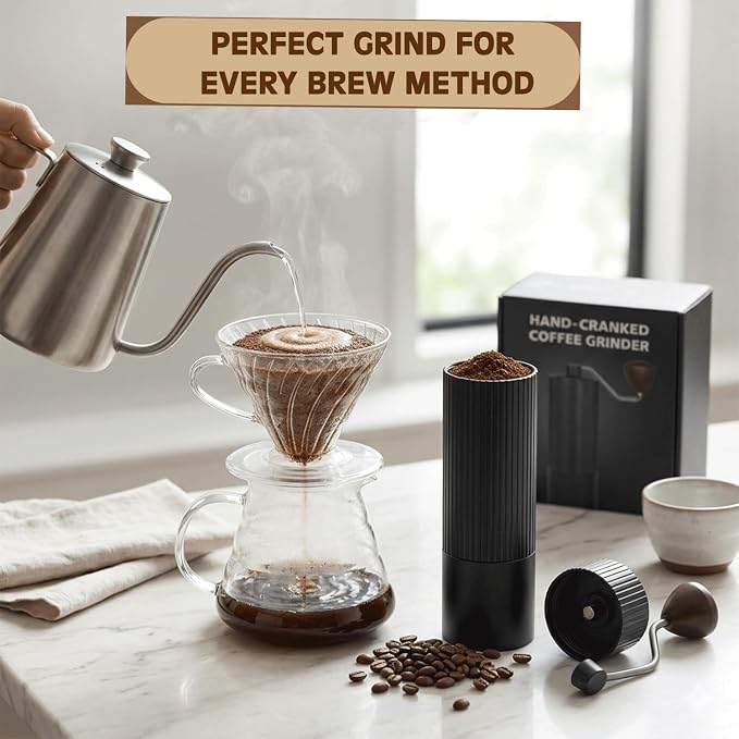 Manual Hand Coffee Grinder with Stainer, Adjustable 40mm Stainless Steel Burr, Portable Hand Crank Coffee Mill, 30g Capacity for Espresso, Turkish & French Press, Aluminium Body with Walnut Handle