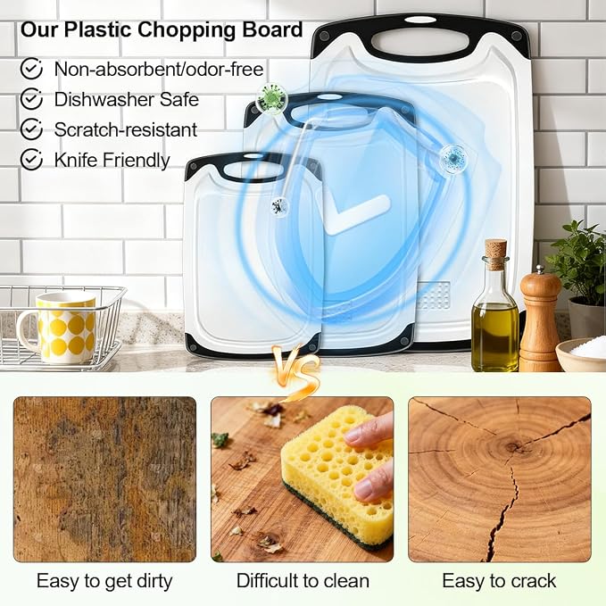 Viretang Dishwasher Safe Cutting Board for Kitchen, 3 Pieces, Grinding Area | Plastic Cutting Boards with Juice Grooves, Easy Grip Handle, Non-Slip, Non BPA, White(15.6x9.4/12.4x7.8/9.6x5.7 inch)