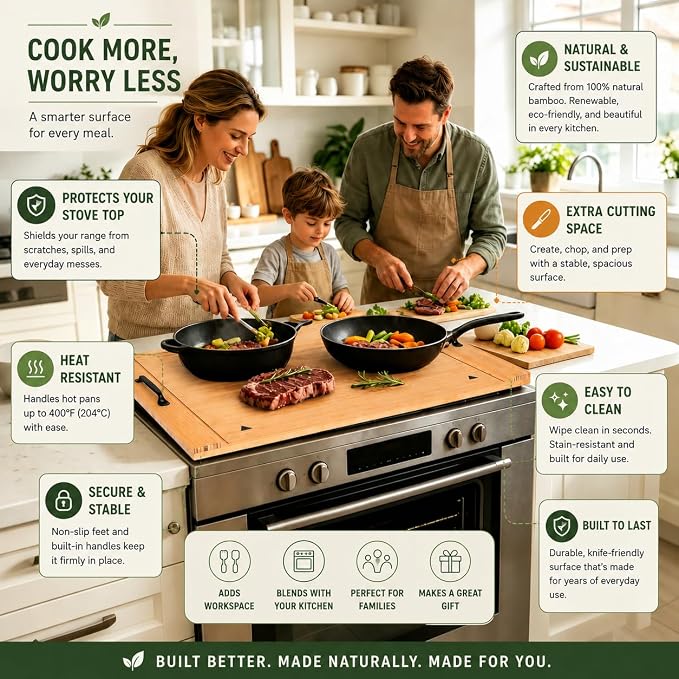 Simba Core & Craft Noodle Board Stove Cover, Bamboo Wood Stove Top Cover for Electric Stove & Gas Burners, 30" x 22" Kitchen Decor for Countertop/Sink Cover/RV Cutting Board & Serving Tray