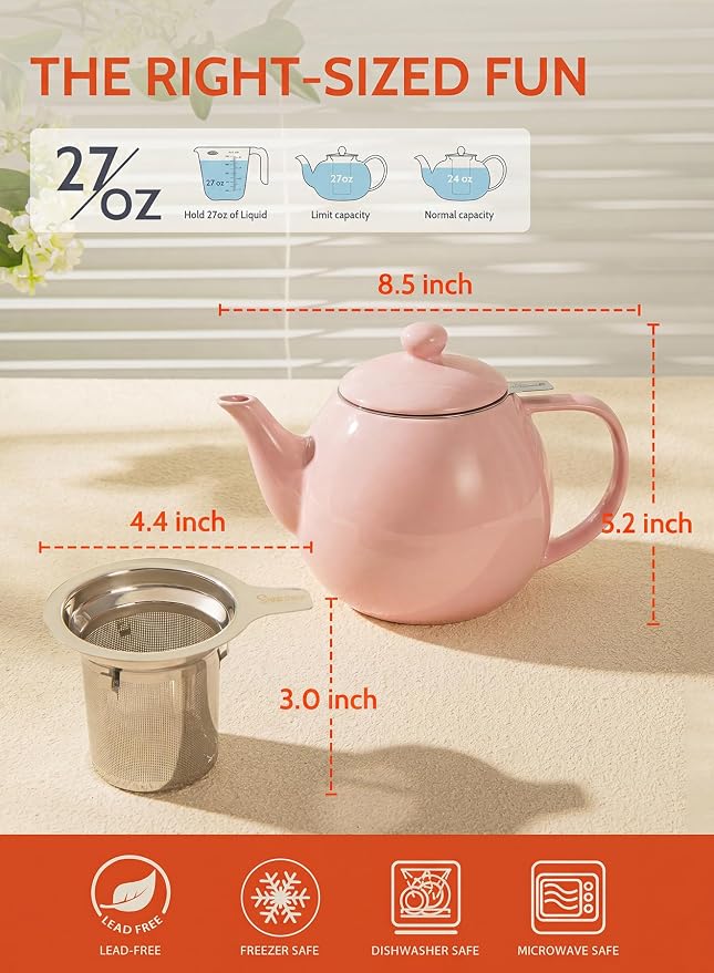 Sweese Porcelain Teapot 27 oz with Infuser for Loose Leaf Tea, Pink
