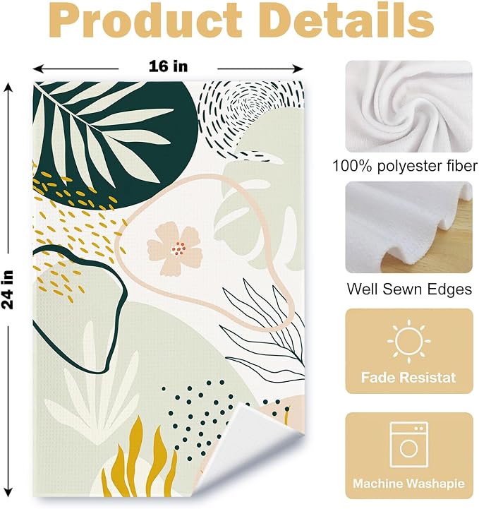 Abstract Boho Floral Kitchen Towels Set of 2, Green and Pink Boho Botanical Leaf Dish Tea Towels for Kitchen Decor, Mid Century Modern Hand Towels for Bathroom Decor, 16x24 Inch