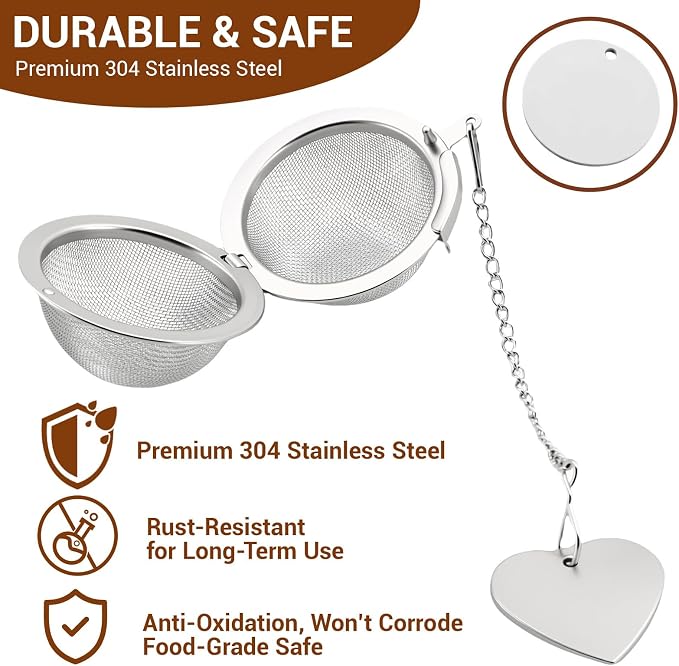 Tea Infuser for Loose Leaf Tea, 2 Pack Stainless Steel Tea Ball | 2 inch extra fine mesh tea strainer with 304 stainless steel, 2 heart charms, 2 round charms and tea scoop clip