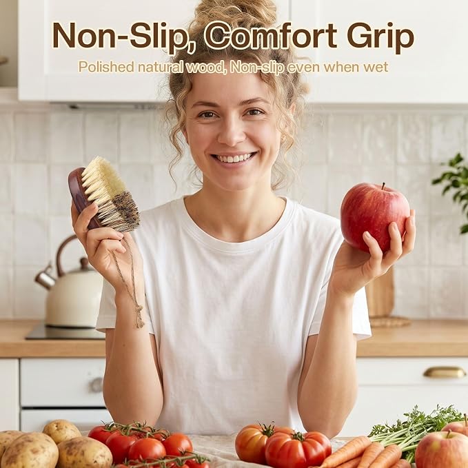 Vegetable and Fruit Cleaning Brush Scrubber Beechwood Handle Fruits Veggie Wash Brushes Potato Carrot Cucumber Mushrooms Washing Cleaner(Beige Brown, 1)