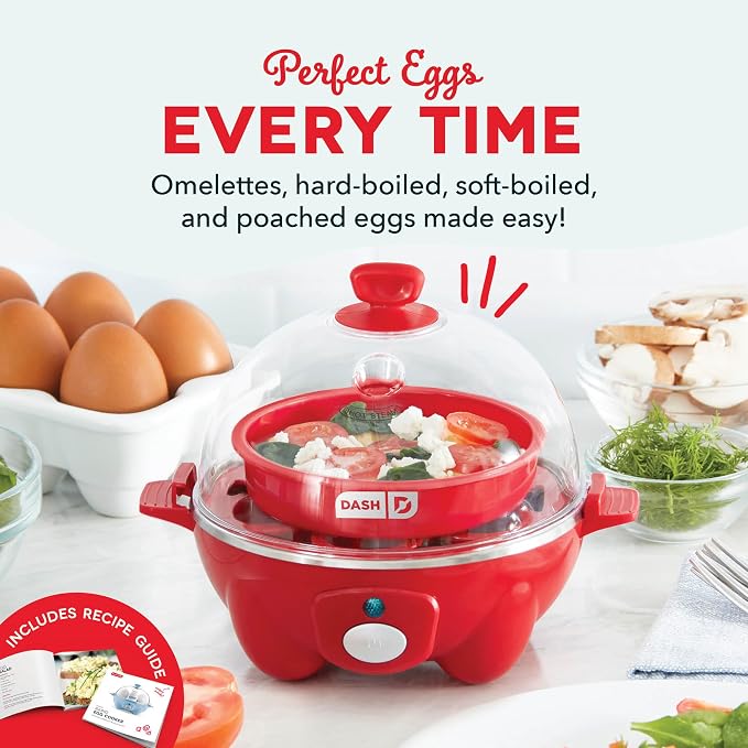 Dash Rapid Egg Cooker, 7 Hard Boiled Eggs, Red | Electric Egg Poacher, Boiler, Steamer & Omelette Maker Machine, Soft or Poached Eggs for Breakfast, Auto Shut-Off, BPA-Free