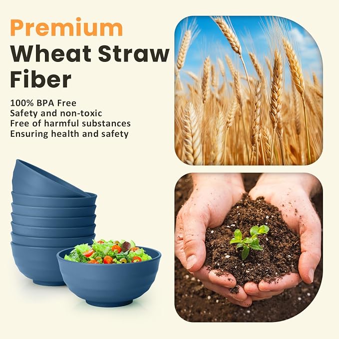 Deep Noodle Bowls Set of 8: 60oz Large Wheat Straw Bowls for Pho, Ramen & Salad, Lightweight & Unbreakable, Microwave Safe for Camping, Cereal & Soup (Blue)