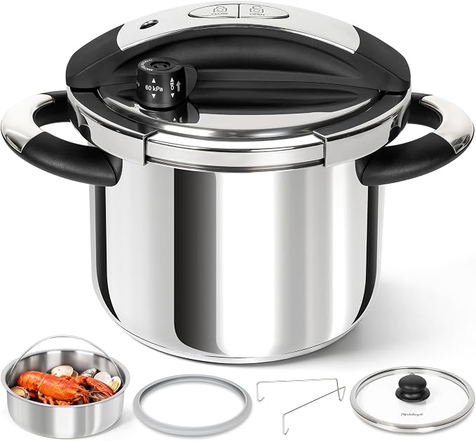 MICHELANGELO 6.3QT Pressure Cooker Stainless Steel, Induction Ready | Safer Pressure Control for Beans, Stews, Rice and Broth, One-Touch Locking Lid, with Glass Lid, Steamer and A Spare Gasket