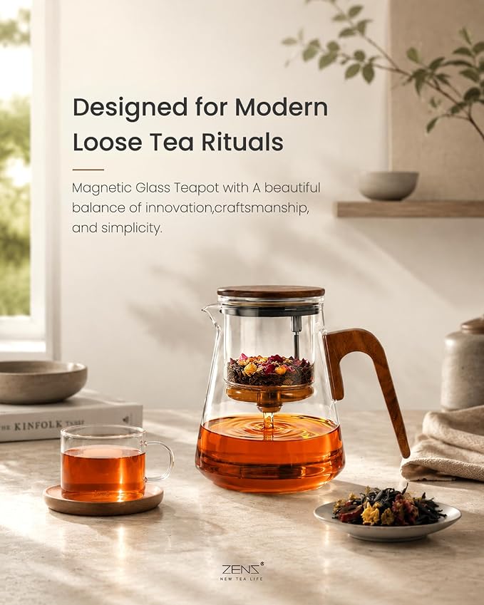 ZENS Magnetic Glass Infuser Teapot for Loose Tea, 27oz Walnut Wood Handle | Magic Teapot with Infuser, Echanted Tea Maker, Mess-Free Loose Leaf Tea Diffusers for Tea lover Gifts