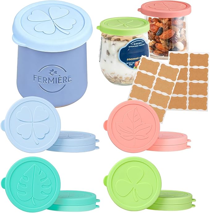 La Fermiere Yogurt Jar Lids, 12 Pack Silicone Yogurt Jar Lids for 4.9 oz La Fermiere, Colorful Cover for 5oz Oui Yogurt Glass Jars, Leakproof Nounos Yogurt Bottle Lids