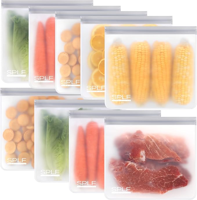 SPLF 9 Pack Reusable Gallon Freezer Bags Dishwasher Safe, Gray | BPA Free 1 gallon Leakproof Silicone and Plastic Free Food Storage Bags for Meal Prep, Fruits, Sandwich, Snack, Travel Items