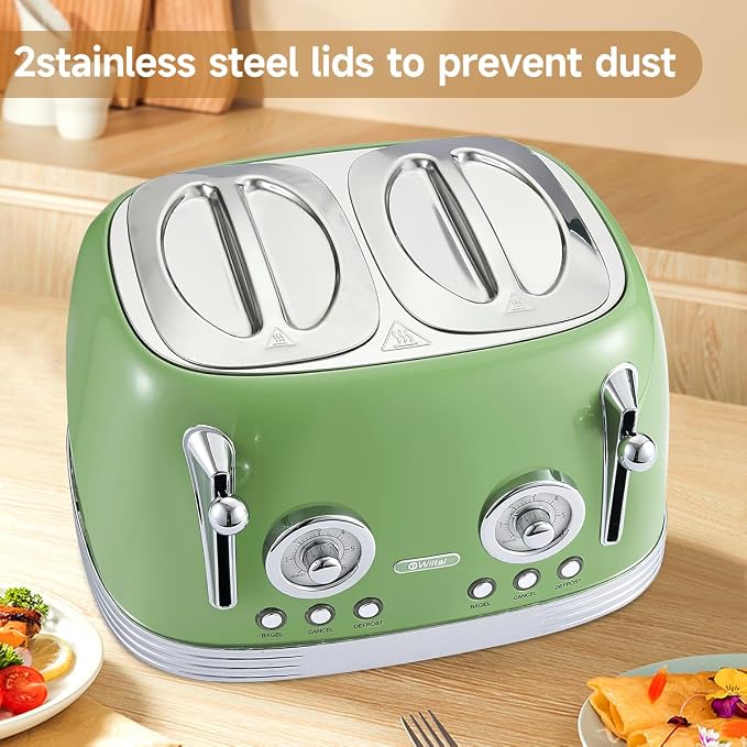 Wiltal 4 Slice Toaster, Retro Green Toaster, Bagel, With Stainless Steel Lid. Reheat, Defrost and Cancel Functions, Countdown Function, 6 Browning Levels, Stainless Steel Material, TR03