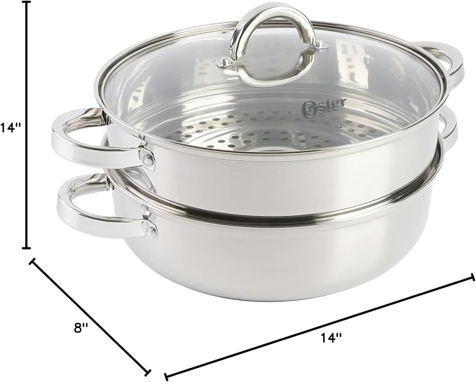 Oster Sangerfield 11-Inch Stainless Steel Everyday Cookware Pan with Steamer and Lid – Durable Nonstick Frying Skillet for Kitchen Cooking (Pack of 2)