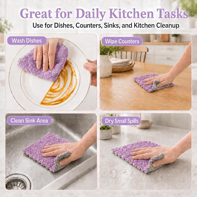 kimteny 12 Pack Dish Cloths for Washing Dishes | Super Absorbent Microfiber Kitchen Dish Rags, Fast Drying Coral Velvet Dish Cloths for Kitchen Counter and Dishes,Purple-Grey